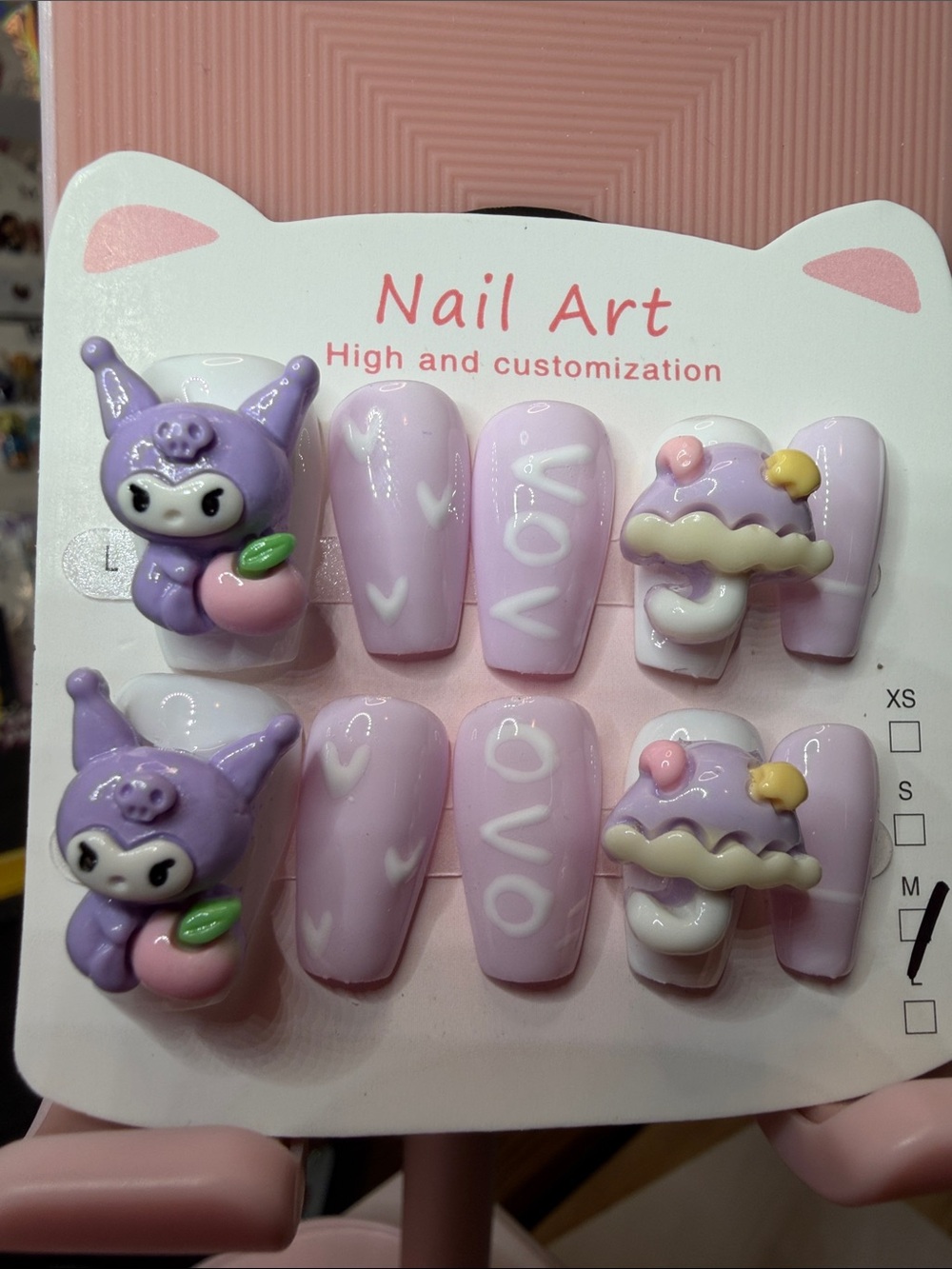 Cute Lavender Character Karomi Press-On Nails with 3D Accents